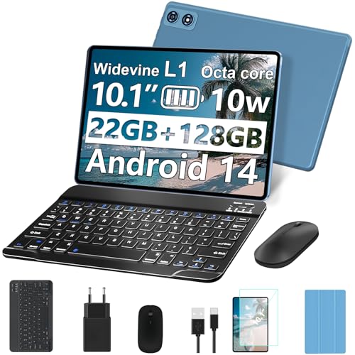 fezawio Android 14 Tablet 10 Zoll 22GB RAM+128GB ROM Octa-Core Tablet 5G WiFi, Mit Tastatur Maus, 8000mAh, (1TB TF) Mit HüLle-Blau