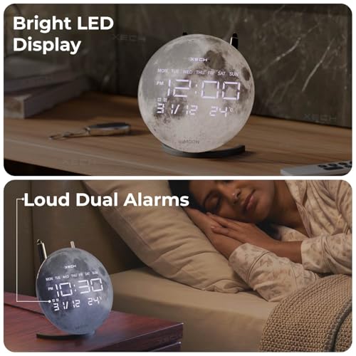Image of Xech Alarm Clock for Heavy Sleepers | Dual Loud Alarms | USB-C Powered | Small LED Table Clock for Students | Home Decoration Items for Living Room | Gift for Woman | Solaris-X Neo (Moon)