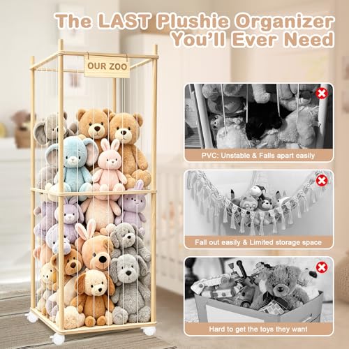 Image of Stuffed Animal Storage, Wood Stuffed Animal Zoo Storage with Brake Wheels, Space Save Toy Organizer, Large Capacity Stuffed Animal Holder, Perfect for Nursery Playroom Kidroom Bedroom-62.6 Inch
