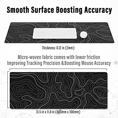 Image of Ovenbird Large Gaming Mouse Pad with Stitched Edges, Topographic Map Topo Mousepad Gaming, Extended XL Large Mousepad with Anti-Slip Base, Cool Mouse Pads for Desk, 31.5 x 11.8 in, Black