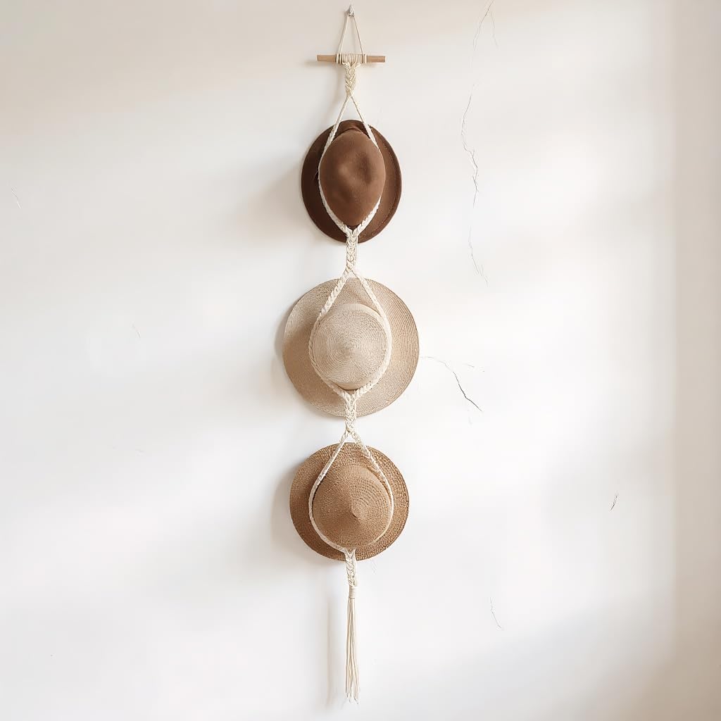 Macrame Hat Hanger, Boho Wall Hanging Hat Organizer, Cotton Rope, Holds 3 Hats, 70.9 Inches (Beige)