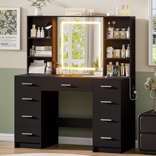 DDONGMM Black Vanity Desk with Mirror and Lights,Makeup Vanity with