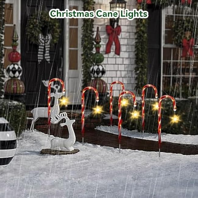 Christmas Candy Cane Pathway Lights - Solar Powered Waterproof, 6 Pack Decorative Seasonal Wedding Lights