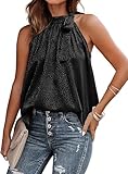 BTFBM Satin Halter Tops for Women 2026 Summer Spring Clothes Leopard Side Tie Bow Mock Neck Sleeveless Loose Tank Top(Black, Medium)