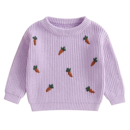Owl's-Yard Little Girls Easter Knit Sweater Long Sleeve Crew Neck Carrot Embroidery Pullover Knitwear