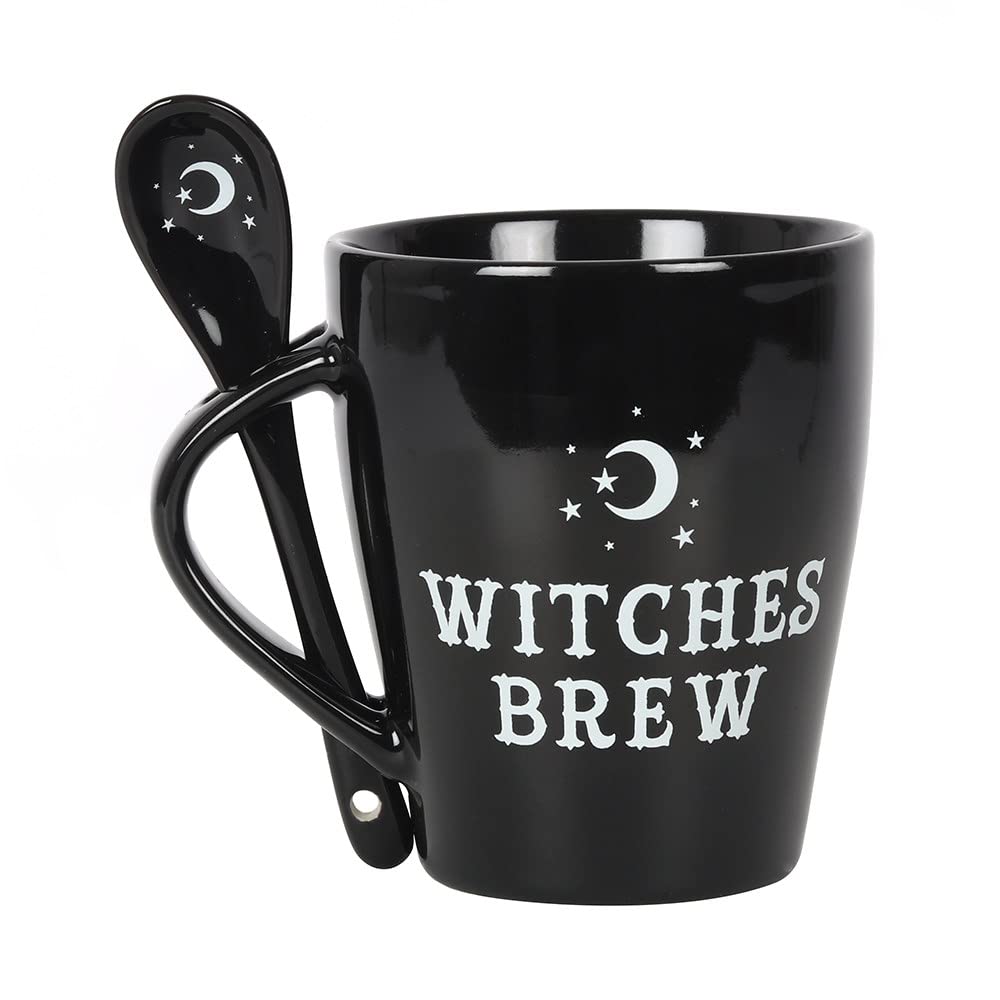 Witches Brew Gothic Ceramic Novelty Mug and Spoon Set, Unique Ceramic Satin Cup with Spoon Ideal As Witches Gifts for Halloween Birthdays Anniversaries Christmas Black Magic Range of Gothic
