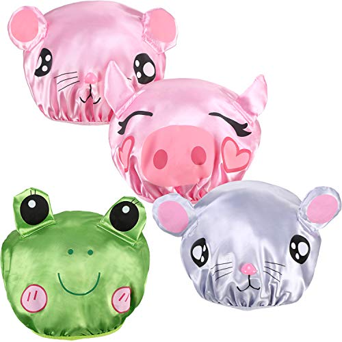 Yaomiao 4 Pieces Waterproof Shower Cap Reusable Bath Hat Kids Shower Bath Caps with Animal Print for Children Boys Girls