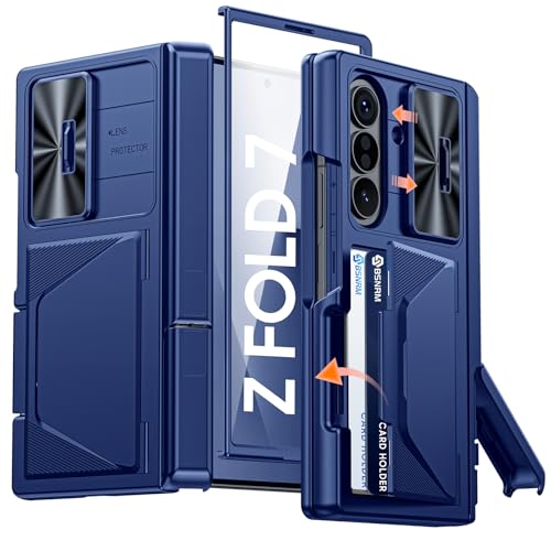 Image of for Samsung Galaxy Z Fold 7 Case with Card Holder RFID Blocking, Built in Slide Lens Cover & Hinge Protection & Kickstand & Screen Protector, Shockproof Wallet Case for Z Fold 7 (Sapphire Blue)