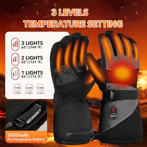 Jkevow Beheizbare Handschuhe für Herren Damen, Beheizte Handschuhe mit 5V 5000mAh Wiederaufladbarer Akku, 3 Heiztemperatur Einstellbare Motorradhandschuhe für Radfahren, Wandern, Skifahren