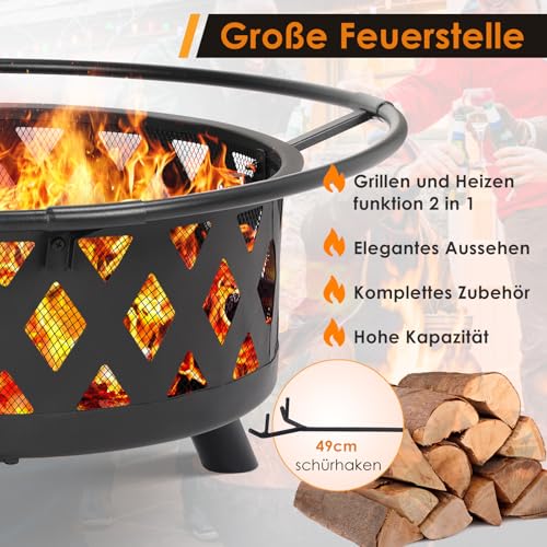 Feuerschale, Ø 76cm Feuerkorb mit Funkenschutz und Schürhaken, Feuerschalen für den Garten Groß, Feuerstelle mit Grill, BBQ Feuerstelle Outdoor, Retro-Look Fire Pit, Multifunktional Feuerkorb – Bild 6