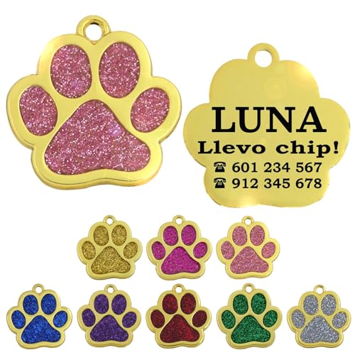 ibera gifts - Chapa Perro Grabada en Forma de Pata para Perros y Gatos Pequeños a Medianos, Placa Perro Personalizada, Metal Dorado con Purpurina, Tamaño 30 x 30 mm (Rosa)