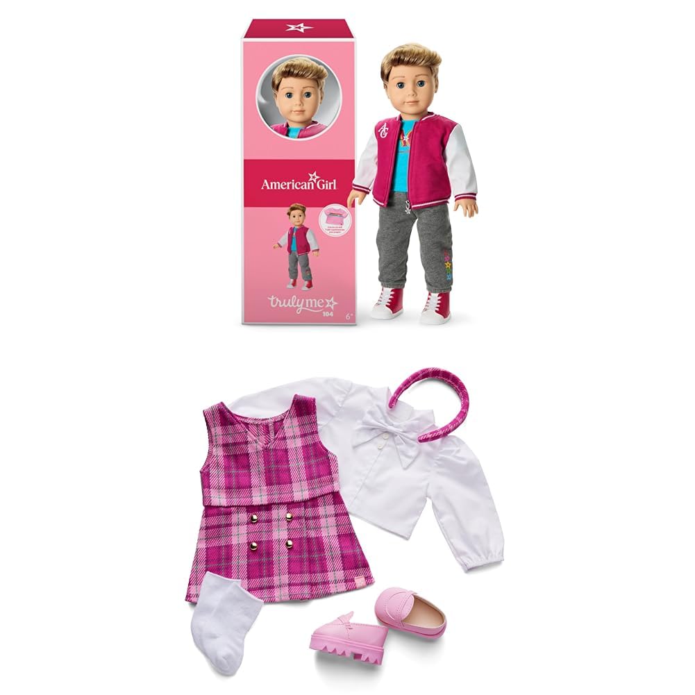 Bundle of American Girl, Truly Me 18-inch Doll #104 with Dark-Blue Eyes, Straight Caramel Hair, Light Skin, for Ages 6+ + Truly Me 18-inch Doll Outfit, Pink &amp; Preppy Outfit, for Ages 6+
