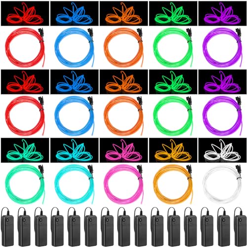 Image of Hortsun 15 Pack 13ft El Wire Neon Light Portable Cuttable Neon Glowing Battery Powered LED Lights Glow in The Dark with Battery Pack for Halloween Party