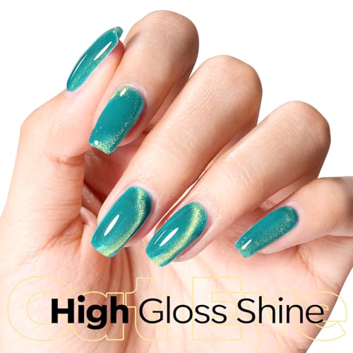Image of modelones 9D Magnetic Cat Eye Gel Nail Polish Green Holographic Mint Blue Golden Shimmer, 15ML UV LED Soak Off Gel Nail Art Manicure 15ML