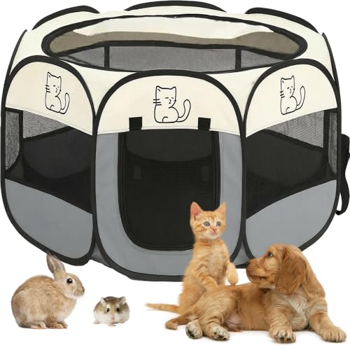 Welpenauslauf 74x74x43cm, BRIMOREA Katzenkäfig Hundekäfig für zuhause, Wurfkiste Wurfbox für Katzen Kaninchenstall innen Katzengehege Balkon Katzenkäfig für Draußen Kaninchengehege(Graue Katze)