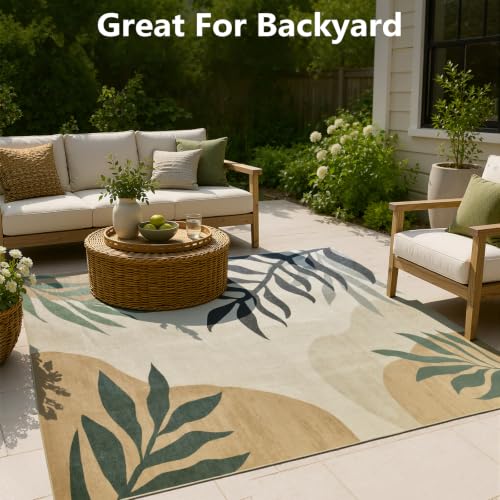 UKISS Washable Outdoor Rug Carpet，Non Slip Portable Outdoor Patio Rugs，5' x 8' Indoor Out Door Mats，Large Leaf Outdoor Area Rugs Mats for Patio，Picnic,RV,Backyard, Deck, Balcony, Porch, Beach — view 2