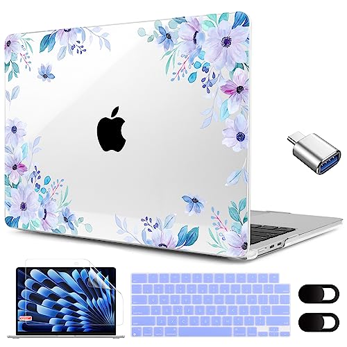 Image of MEEgoodo for M5 /M4 /M3 /M2 MacBook Air 15 inch Case 2026 2025 2024 2023, Case Fit Model (A3448 /A3241 /A3114 /A2941) for MacBook Air 15.3 inch, Soft Purple Floral