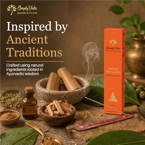 Image of Simply Vedic Luxe Sandalwood Incense Sticks (50 Sticks) Hand Rolled Masala Agarbatti with Holder | Natural Chandan Fragrance for Puja Meditation Daily Use Long Lasting Low Smoke Home Fragrance