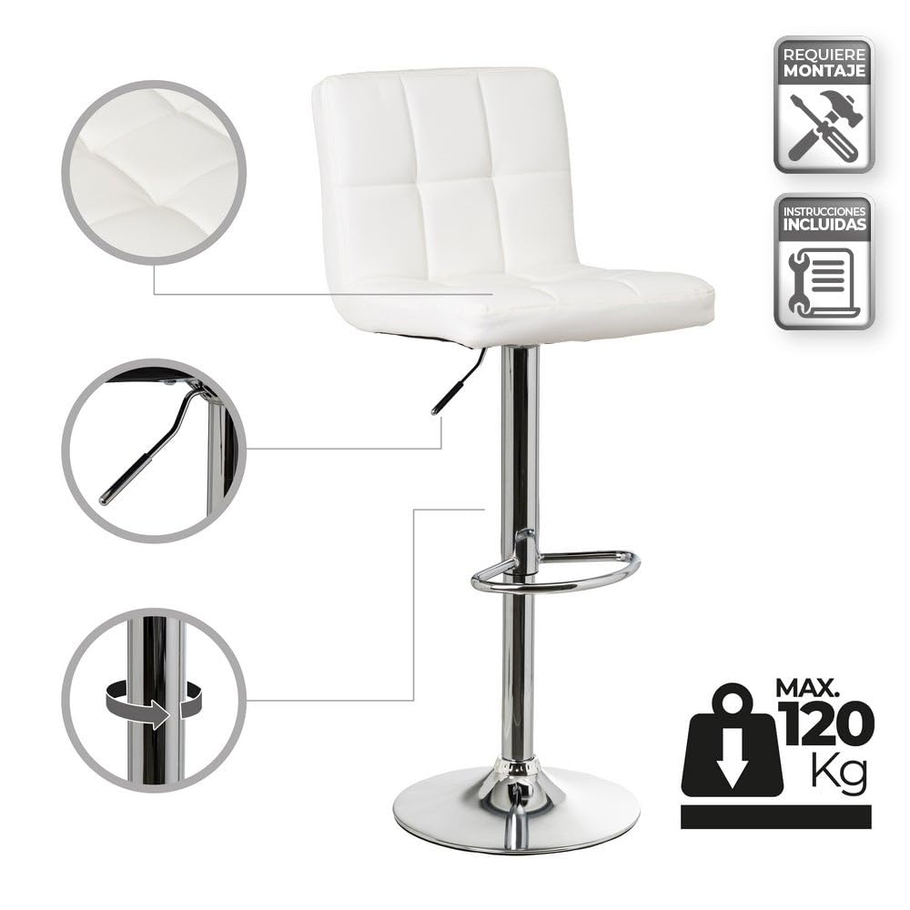 Taburete alto de cocina regulable en altura blanco con respaldo alto | Asiento cuadrado y respaldo alto acolchados y tapizados en polipiel. Altura ajustable de 72 a 92 cm. Resiste hasta 120 kg