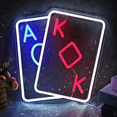 Generic Poker Neon Sign, 777 Casino Theme Party Decorations Night Wall Decor for Casino, Las Vegas Party, Poker Room, Bedroom, Man Cave Teen Room Dimmable USB Power Red Blue (14.1