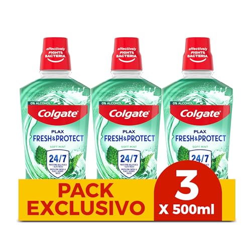 COLGATE - Colutorio Plax Multiprotección Pack 3 x 500 ml - Enjuague Bucal con Flúor - Elimina la Placa Bacteriana y Proporciona una Protección 24h - Aliento Fresco