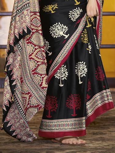 Image of SAREE MALL Women's Ajrkh Print Satin Crepe Polka Dot Printed Saree With Unstitched Blouse Piece