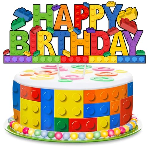 Building Blocks Cake Topper Colorful Paper Birthday Decorations 1Pack Reusable Cake Picks for Party Supplies
