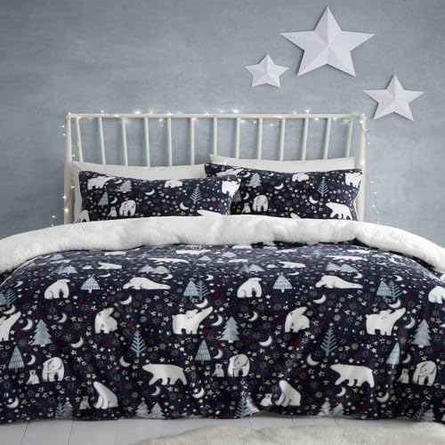 Fusion - Funda nórdica navideña con noche estrellada y oso polar - 200 x 200 cm - Diseño reversible - 2 fundas de almohada - Ropa de cama azul marino con osos y árboles árticos - Ropa de cama navideña