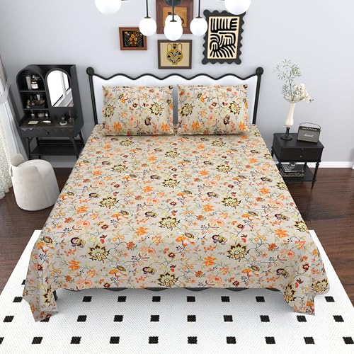 Image of Mafatlal Saanjh 144 TC Cotton King Bedding Collection 108x108 Inch | Warm Season Cooling Comfort | Ethnic Look | Floral Finish | Lightweight Smooth Fabric | Pillow Cover Included | Pastel Cream