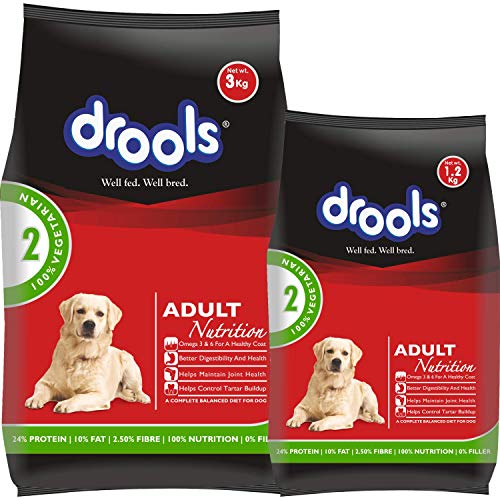 Image of Drools 100% Vegetarian Adult Dry Dog Food, 3 kg with Free 1.2kg , Total 4.2 Kg