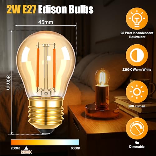 Genixgreen E27 LED Edison Bulbs 2.5W Vintage Filament Edison Screw ES Bulb G45 Decorative Golf Ball Light Bulbs,25W-30W Incandescent Equivalent,2200K Warm White, Amber Glass,Non-dimmable,2 Pack - Image 2
