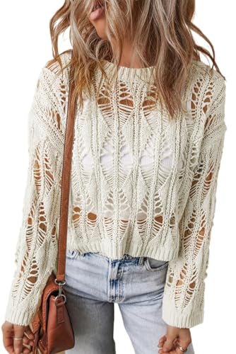 Casual and Comfortable Long Sleeve Sweater - White Cut Out Crochet Pattern