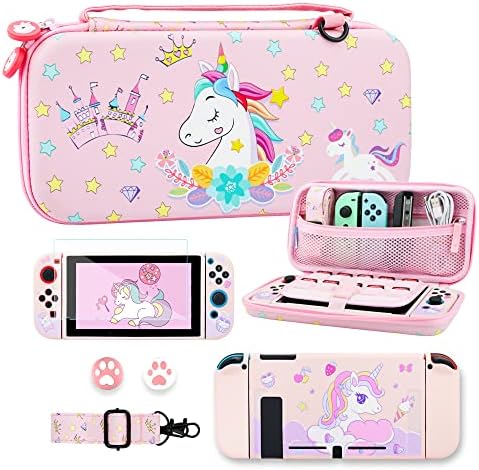FUNDIARY Cute Unicorn Carrying Case for Nintendo Switch, Pink Storage Case Accessories Bundle for Switch with Protective Shell, Screen Protector, Adjustable Shoulder Strap and 2 Cat Paw Thumb Grips