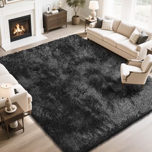 Fluffy Rug Shaggy Area Rug, Black 10x14 Area Rugs for Bedroom, Super Soft Shaggy Rugs for Living Room Bedroom Kids Room Home Decor, Upgrade Anti-Skid Rectangular Fuzzy Rug