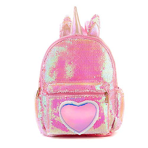 Volwco Mochila de lentejuelas  moderna brillante con cuerno y orejas  escolar ligera