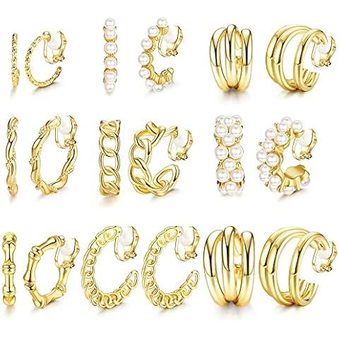 JeryWe 9 Pairs 14K Gold Clip On Earrings for Women Fashion Clip On Hoop Earrings Chunky Gold Hoop Earrings No Piercing Fake Earrings Set Cover