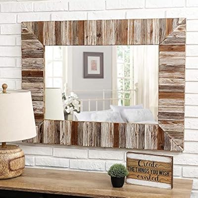 glitzhome Farmhouse Mirror Wood Decorative Rectangle Oversized Wall Mirror Vintage Wooden Frame Wall Mirror for Living Room Bedroom Entryway Bathroom, 39.7”H