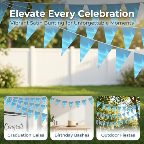 Image of 130FT LightBlue Triangle Pennant Banner Flag Metallic Fabric Bunting Garland for Christmas Graduation Wedding Engagement Anniversary Bachelorette Birthday Bridal Shower Valentines Hen Party Supplies