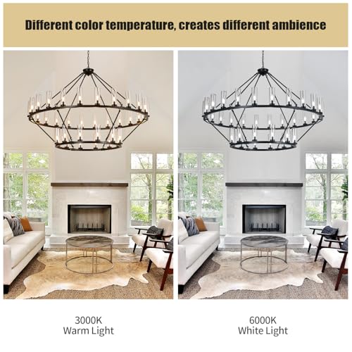 Image of 63 Inch Large Black Wagon Wheel Chandelier with Clear Glass Shade 2 Tier 36-Lights Round Pendant Light Farmhouse Industrial Chandeliers Dining Room Light Fixture for Stair Living Room Foyer