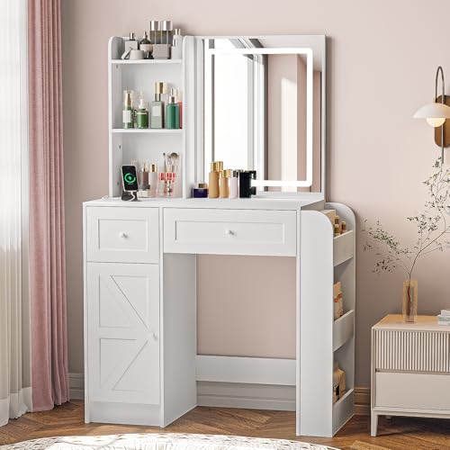 Image of Zvivofla Makeup Vanity Desk with Lighted Mirror & Power Outlet, White Vanity Table with 3 Color LED Lights, Shelves, Drawers, Cabinet, Modern Bedroom Dressing Table