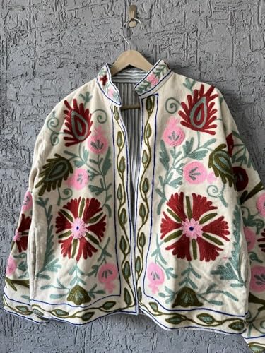 Vintage Floral Embroidered Velvet Jacket, Cream with Burgundy Pink Flowers, Stand Collar, Suzani-Style Border, Hip Length3