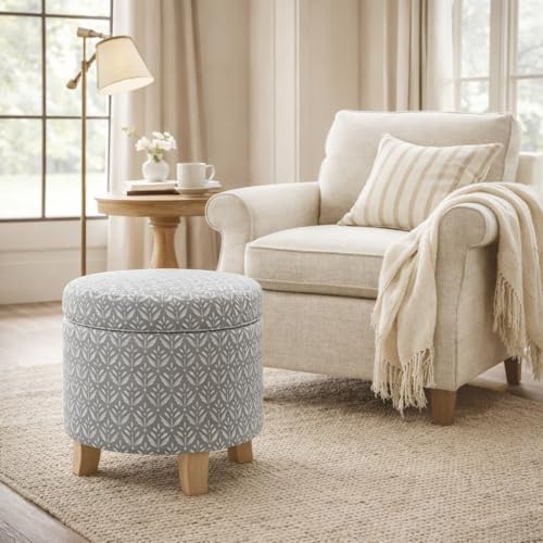 Image of HomePop Upholstered Round Storage Ottoman Home Decor|Upholstered Round Foot Rest Ottoman - Light Grey Print Large