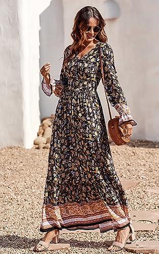 PRETTYGARDEN Long Sleeve Maxi Dress for Women V Neck Casual Button Down Boho Long Floral Dresses