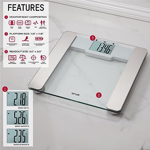 Image of Taylor Digital Glass Bathroom Scale with Body Fat, Body Water and Muscle Mass Analysis - Clear Tempered Glass Platform, 400 lb Capacity, Large Display, Stainless Steel Accents