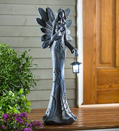 Wind & Weather 42-Inch Tall Angel Sculpture In Flowing Gown With Floral Design And Feather-Like Wings Holding Solar-Powered Lantern That Glows After Dark #TOP1