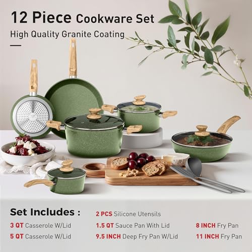 Image of DishDelight 12 Piece Pots and Pans Set, Nonstick Kitchen Cookware Sets | Granite Pans Set for Cooking, Compatible with Induction, Gas & Electric Stoves, PFOA & PFOS Free, Even Heating, Easy to Clean