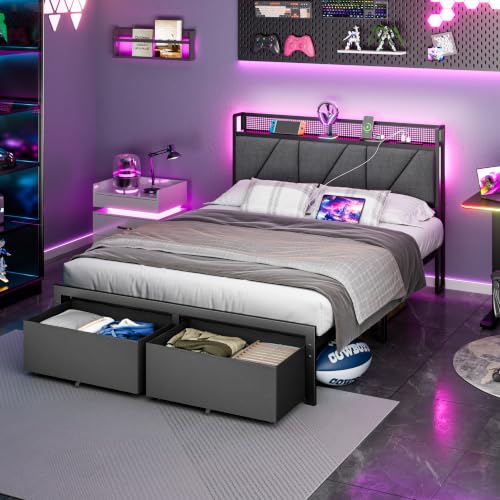 Image of Queen Bed Frame with 2 Storage Drawers & Upholstered Headboard | Metal Platform Bed with Storage Shelf, Charging Station, LED Lights and Heavy-Duty slats, No Spring Box Needed, Noise-Free