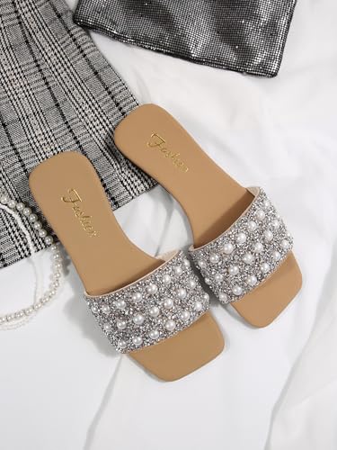 Verdusa Women's Glitter Pearls Rhinestone Sandals Square Open Toe Slip on Slippers2
