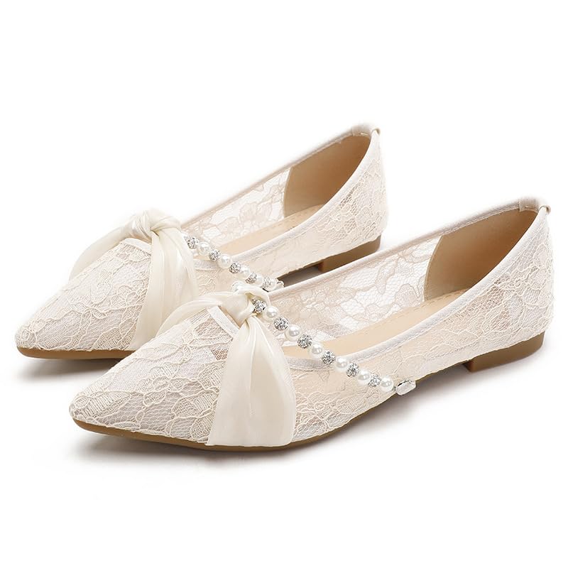 Mesh Rhinestone Wedding Flats for Brides - Pointed Toe Pearl Formal Party Shoes