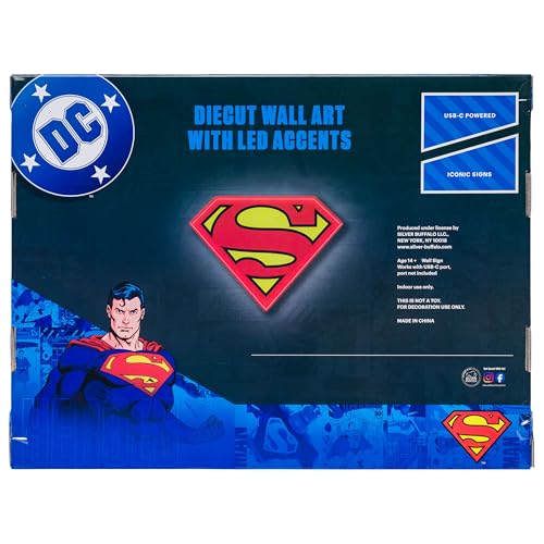 Image of Silver Buffalo Superman Logo Classic Red Yellow Boxed Large Die Cut Wall Art with Light Up Accents